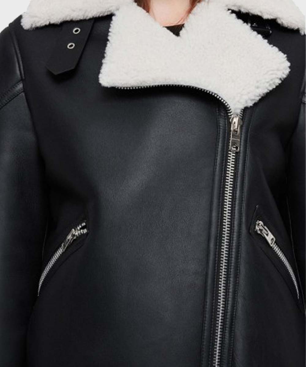 Womens Black Biker Shearling Jacket Biker Jacket women detail view 3 | Dash Racegear — Womens Black Shearling Leather Jacket