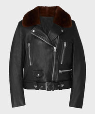 Womens Shearling Black Motorcycle Leather Jacket Leather Jacket women front product view | Dash Racegear — Womens-Shearling-Black-Motorcycle-Leather-Jacket