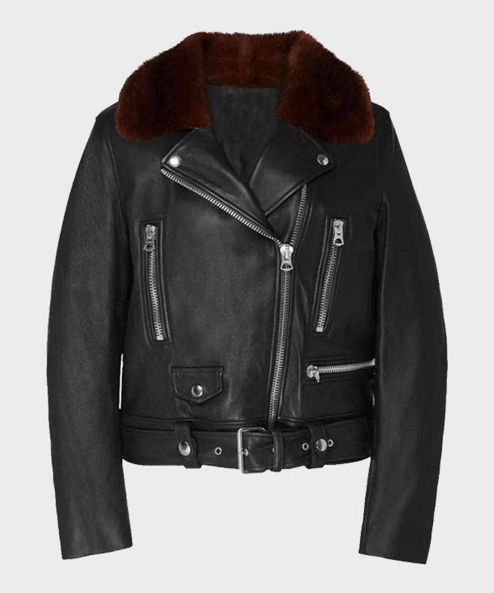Womens Shearling Black Motorcycle Leather Jacket Leather Jacket women front product view | Dash Racegear — Womens-Shearling-Black-Motorcycle-Leather-Jacket