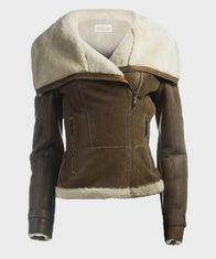 Womens Shearling Brown Leather Jacket Leather Jacket women front product view | Dash Racegear — Womens Brown Leather Shearling Collar Jacket