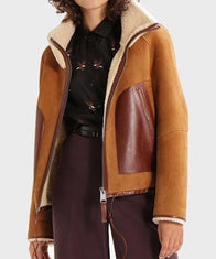 Womens Shearling Collar Brown Suede Leather Jacket Leather Jacket women detail view 2 | Dash Racegear — Womens Brown Suede Jacket
