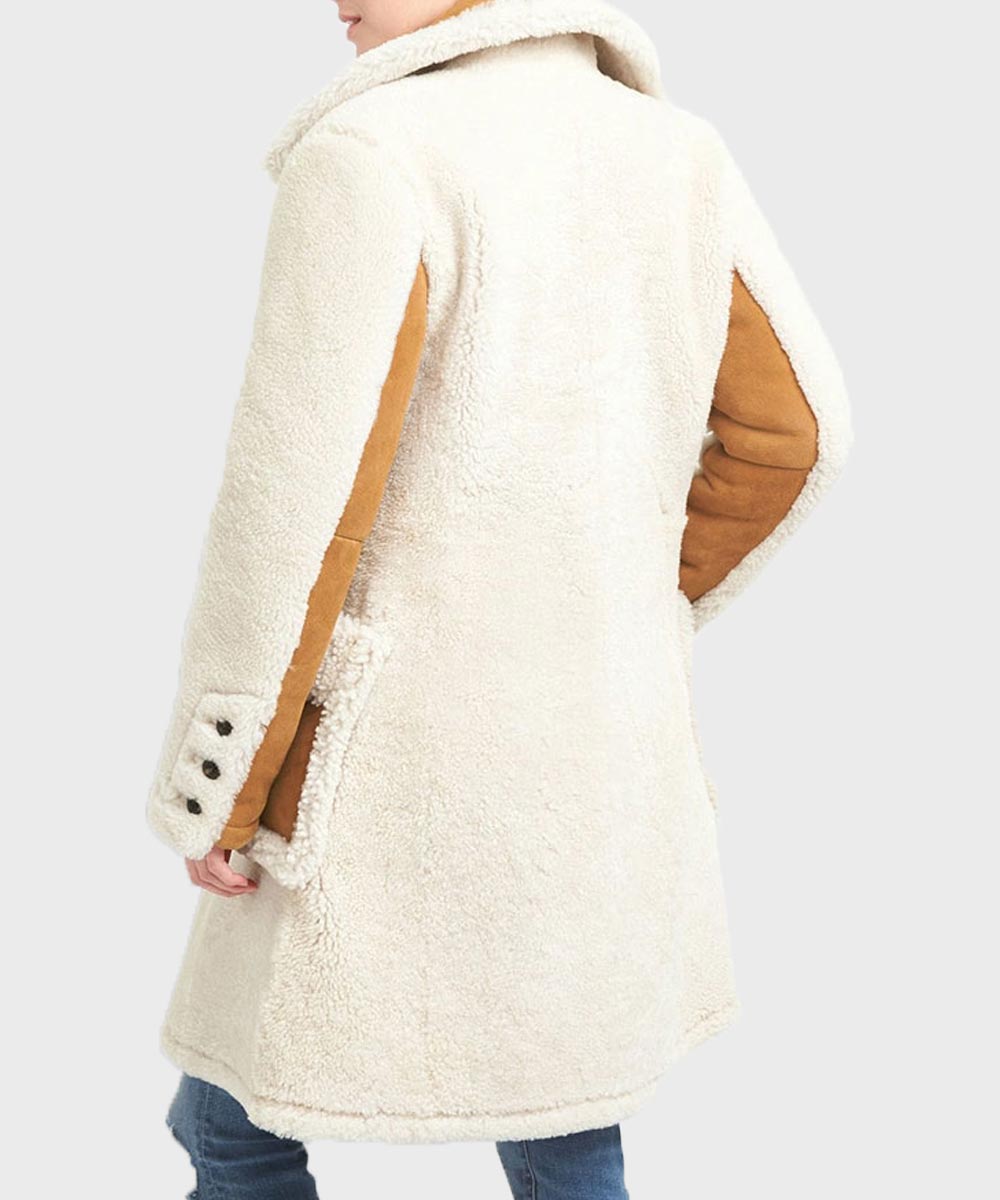 Womens Double-Breasted Shearling Coat Jacket women detail view 3 | Dash Racegear — Womens Shearling White & Brown Leather Coat