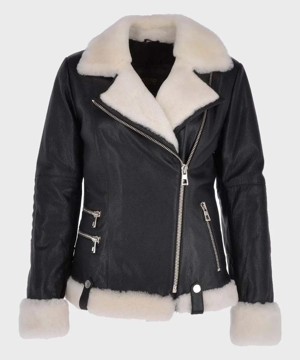 Womens Black Motorcycle Shearling Leather Jacket Leather Jacket women front product view | Dash Racegear — Womens-Sheepskin-Shearling-Black-Motorcycle-Leather-Jacket