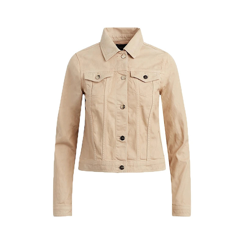 Womens Shirt Style Beige Denim Jacket Denim Jacket women front product view | Dash Racegear — Womens Beige Color Denim Jacket