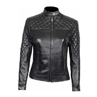 Women’s Black Quilted Leather Jacket Leather Jacket women front product view | Dash Racegear — Women's Black Quailed Leather Jacket