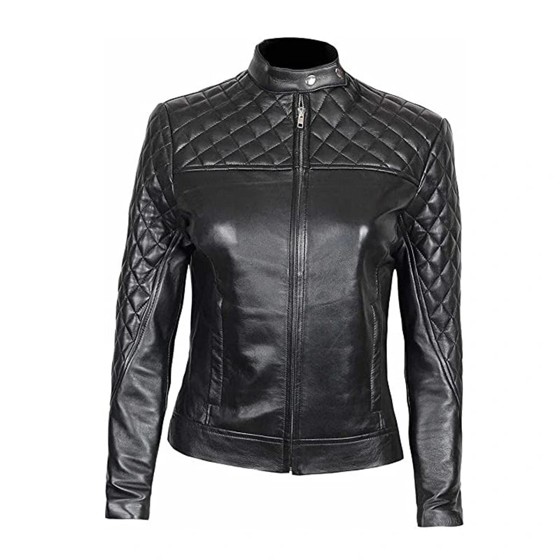 Women’s Black Quilted Leather Jacket Leather Jacket women front product view | Dash Racegear — Women's Black Quailed Leather Jacket