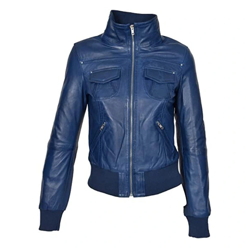 Women’s Blue Bomber Leather Jacket Bomber Jacket women front product view | Dash Racegear — Womens Blue Leather Bomber Jacker