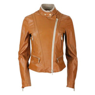Womens Tan Brown Leather Jacket Leather Jacket women front product view | Dash Racegear — Womens Tan Brown Leather Jacket