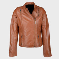 Womens Tan Brown Biker Leather Jacket Leather Jacket unisex front product view | Dash Racegear — Womens Tan Brown Biker Leather Jacket