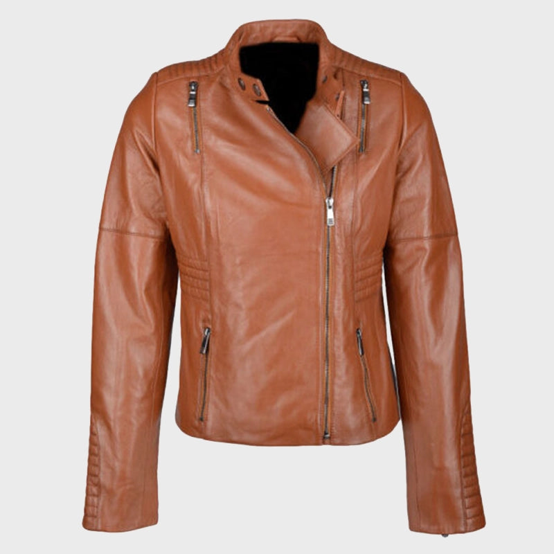 Womens Tan Brown Biker Leather Jacket Leather Jacket unisex front product view | Dash Racegear — Womens Tan Brown Biker Leather Jacket