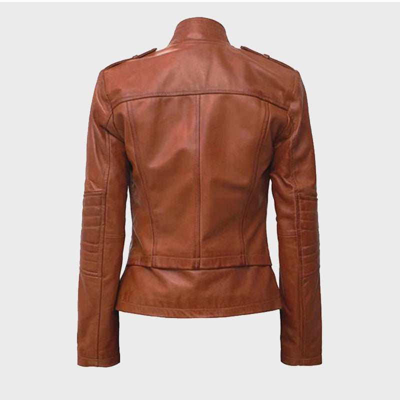 Women’s Tan Leather Cafe Racer Jacket Leather Jacket women detail view 2 | Dash Racegear — Tan Brown Women's Cafe Racer Leather Jacket