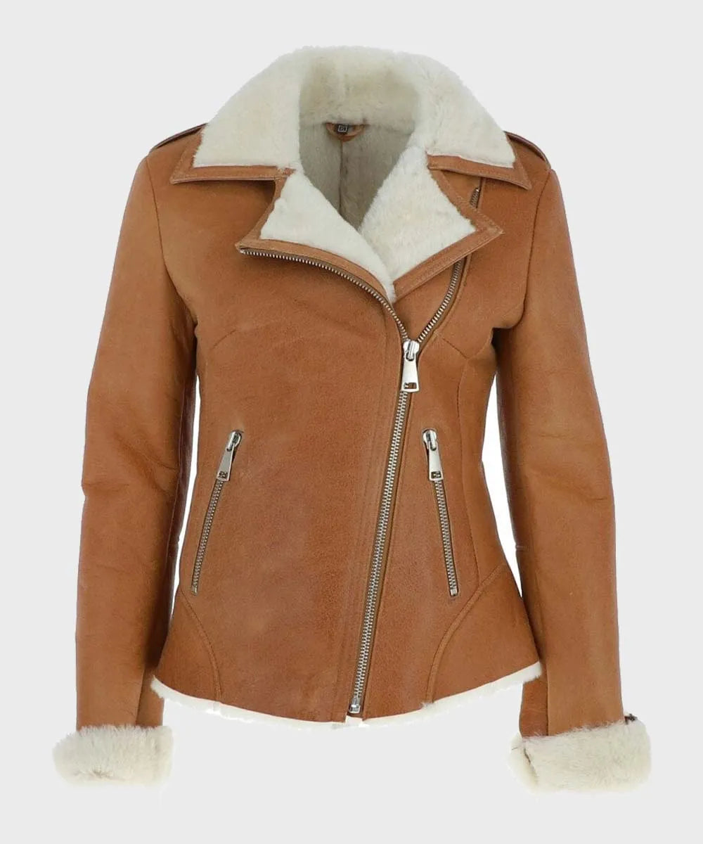 Womens Tan Brown Shearling Leather Jacket Leather Jacket women front product view | Dash Racegear — Womens-Tan-Brown-Shearling-Leather-Jacket
