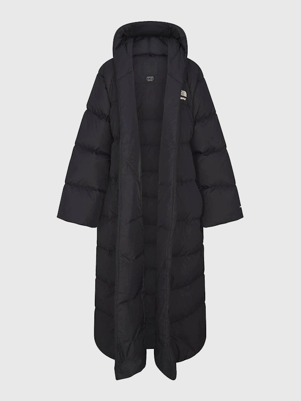 The North Face x Skims Nuptse Wrap Parka Coat Coat unisex detail view 11 | Dash Racegear — The North Face x Skims Nuptse Wrap Parka Black Coat, sleek black puffer, soft insulated lining, versatile winter layering, exclusive collaboration piece.