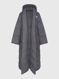 The North Face x Skims Nuptse Wrap Parka Coat Coat unisex detail view 10 | Dash Racegear — Women's The North Face x Skims Nuptse Wrap Parka Grey Coat, quilted wrap style, plush insulation, versatile for city and outdoor cold-weather activities.