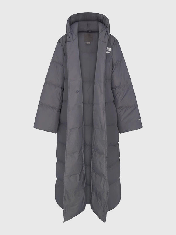 The North Face x Skims Nuptse Wrap Parka Coat Coat unisex detail view 10 | Dash Racegear — Women's The North Face x Skims Nuptse Wrap Parka Grey Coat, quilted wrap style, plush insulation, versatile for city and outdoor cold-weather activities.