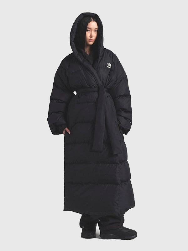 The North Face x Skims Nuptse Wrap Parka Coat Coat unisex detail view 4 | Dash Racegear — Women's The North Face x Skims Nuptse Wrap Parka Black Coat, oversized insulated wrap, luxe collaboration piece, warm and trendy winter wardrobe staple.