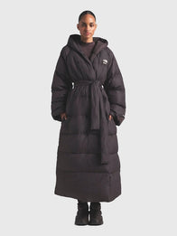The North Face x Skims Nuptse Wrap Parka Coat Coat unisex detail view 3 | Dash Racegear — The North Face x Skims Nuptse Wrap Parka Brown Coat, lightweight yet warm puffer, statement outerwear, part of a limited edition collection.