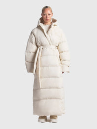 The North Face x Skims Nuptse Wrap White Parka Coat Coat unisex front product view | Dash Racegear — Stay stylish and warm in the Women’s The North Face x SKIMS 2025 White Nuptse Wrap Parka, designed for women navigating cold streets.