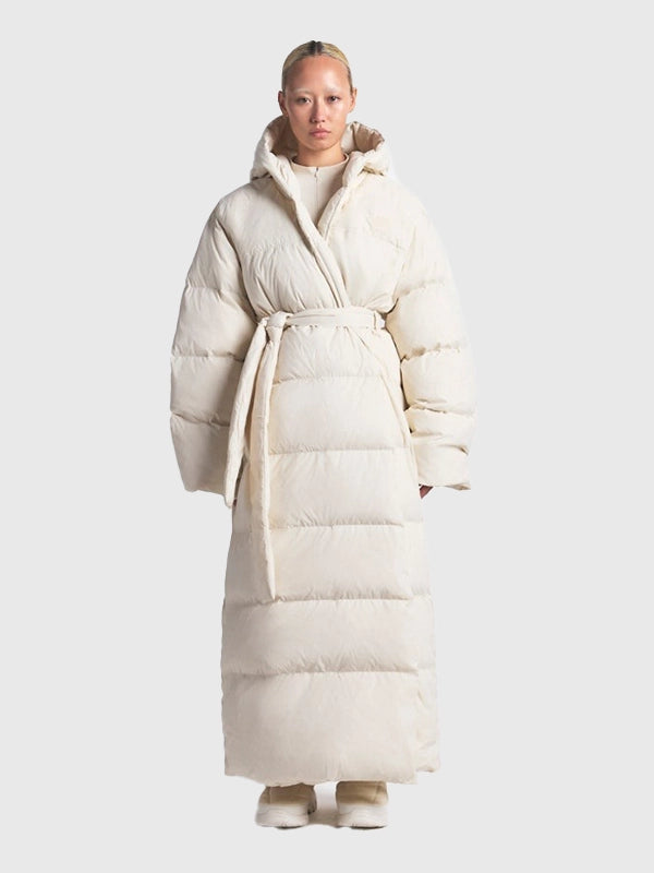 The North Face x Skims Nuptse Wrap White Parka Coat Coat unisex front product view | Dash Racegear — Stay stylish and warm in the Women’s The North Face x SKIMS 2025 White Nuptse Wrap Parka, designed for women navigating cold streets.