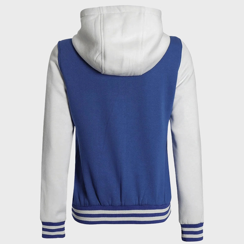 Womens Blue and White Varsity Jacket With Hood Varsity Jacket women detail view 5 | Dash Racegear — Womens Blue and White Letterman Varsity Jacket