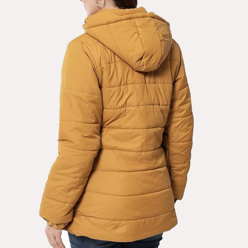 Womens Yellow Puffer Jacket Puffer Jacket women detail view 3 | Dash Racegear — Yellow Hooded Puffer Jacket