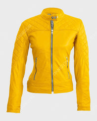 Womens Yellow Quilted Biker Jacket Biker Jacket women front product view | Dash Racegear — Womens Biker Yellow Quilted Jacket