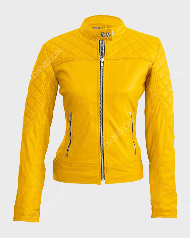 Womens Yellow Quilted Biker Jacket Biker Jacket women front product view | Dash Racegear — Womens Biker Yellow Quilted Jacket