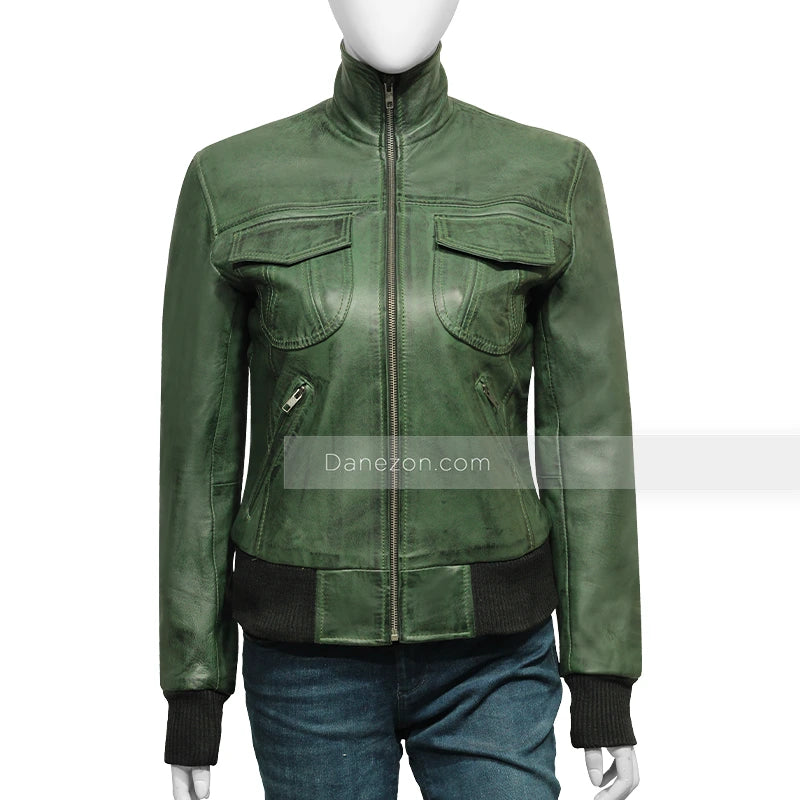 Womens Green Bomber Leather Jacket Bomber Jacket women detail view 4 | Dash Racegear — green leather bomber jacket womens