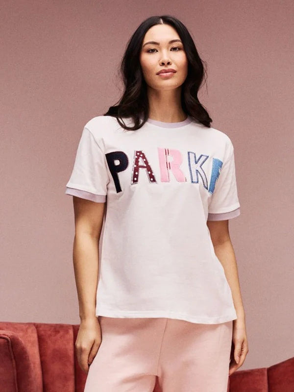 Parke Patchwork T-Shirt Shirt unisex front product view | Dash Racegear — White Parke Valentines 2026 Drop Patchwork Crewneck T-Shirt with soft cotton fabric and stylish patchwork design.
