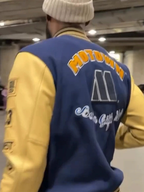 LeBron James Motown Varsity Jacket Varsity Jacket unisex detail view 4 | Dash Racegear — Unisex blue and beige varsity jacket inspired by LeBron James with Motown Records themed styling