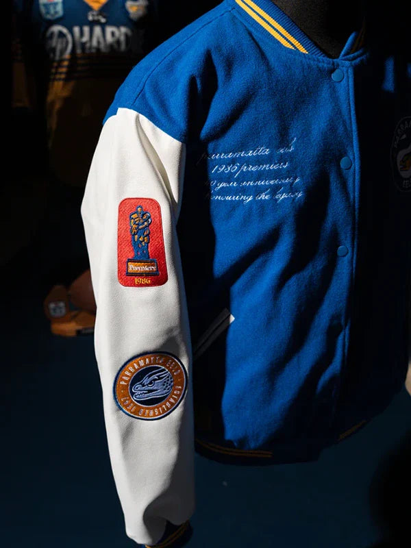 Parramatta Eels 1986 Premiers Varsity Jacket Varsity Jacket unisex detail view 2 | Dash Racegear — Blue & white Parramatta Eels 1986 Premiers wool varsity jacket with classic leather sleeves.