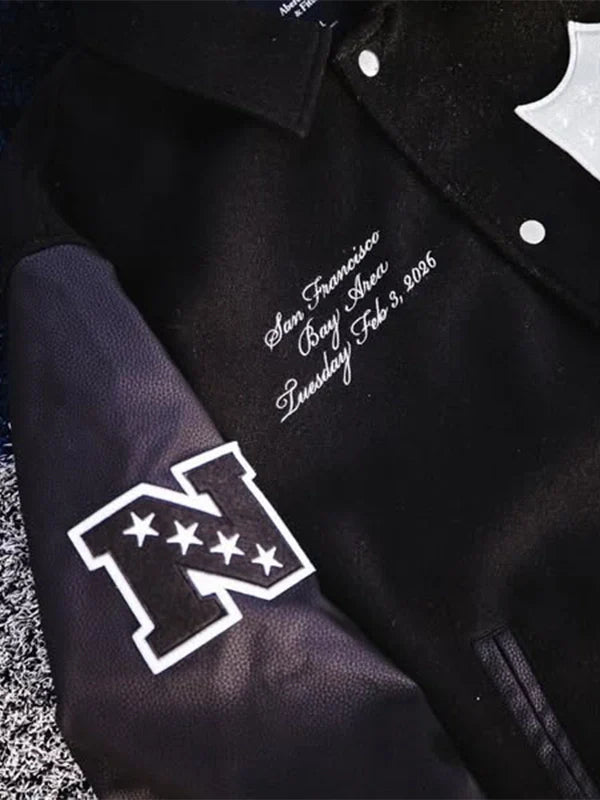 Abercrombie 2026 Pro Bowl Game Jacket Jacket unisex detail view 5 | Dash Racegear — Black Abercrombie Varsity Jacket celebrating the 2026 Pro Bowl Games, wool warmth with sleek leather sleeves.