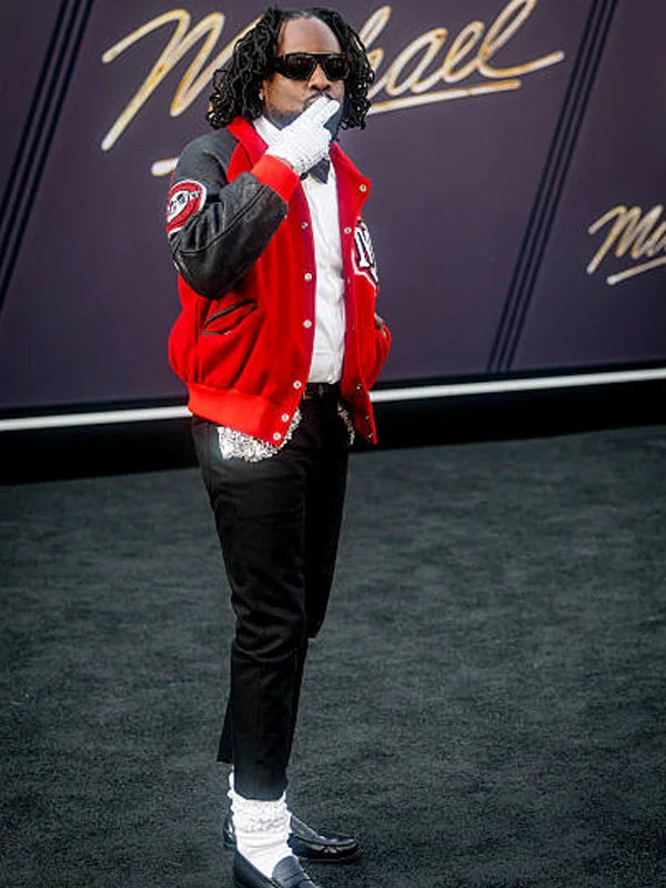 Michael 2026 Premiere Wale Jacket Jacket unisex detail view 3 | Dash Racegear — 2026 Michael biopic premiere MM varsity jacket, red and black Wale-inspired celebrity street fashion piece.