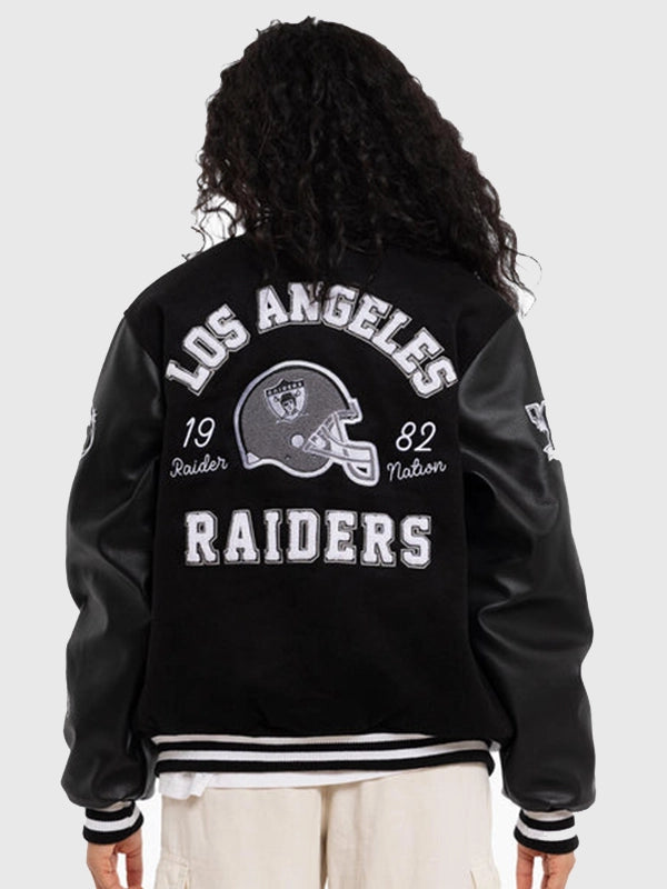 Los Angeles Raiders World Champs Varsity Jacket Varsity Jacket unisex detail view 2 | Dash Racegear — Black Los Angeles Raiders World Champs Mitchell & Ness varsity jacket crafted for premium comfort and versatile casual fashion.