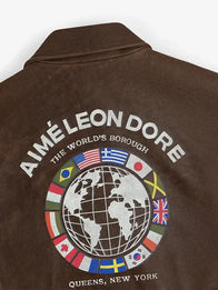 Aime Leon Dore World’s Borough Leather Flight Jacket Jacket unisex detail view 4 | Dash Racegear — Unisex brown ALD leather jacket from World’s Borough 2026 with rich hue and modern tailored cut.