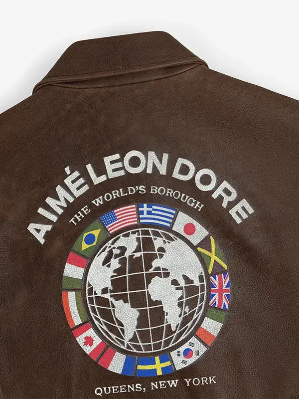 Aime Leon Dore World’s Borough Leather Flight Jacket Jacket unisex detail view 4 | Dash Racegear — Unisex brown ALD leather jacket from World’s Borough 2026 with rich hue and modern tailored cut.
