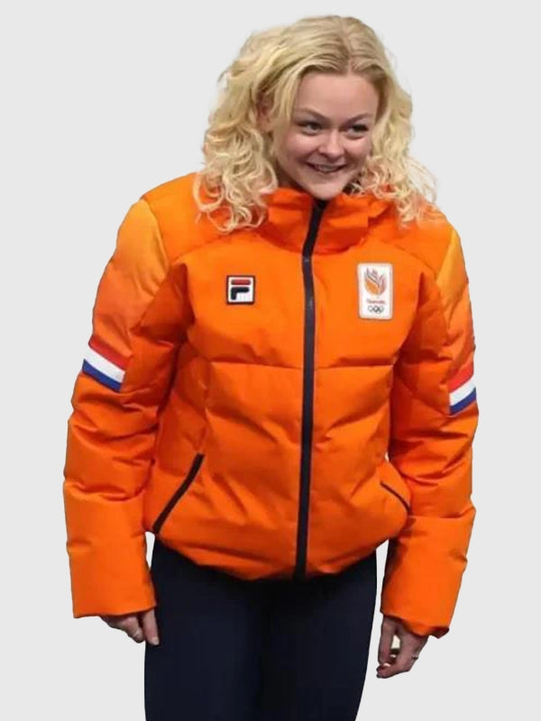 Xandra Velzeboer Winter Olympics 2026 Team Netherlands Jacket Jacket unisex detail view 5 | Dash Racegear — Team Netherlands orange puffer jacket for Milano Cortina 2026 Opening Ceremony, cozy and stylish for fans or athletes.