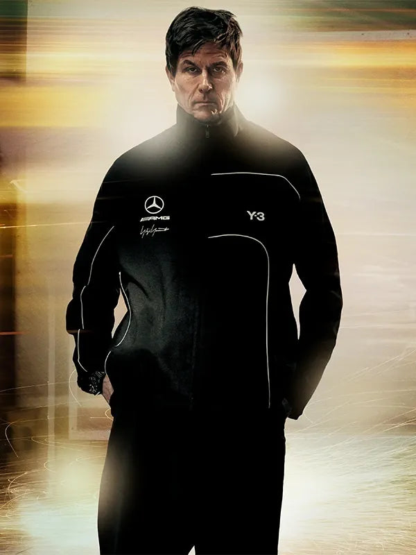 Y-3 x Mercedes-AMG F1 Track Jacket Jacket unisex front product view | Dash Racegear — Black Y-3 x Mercedes-AMG F1 2026 jacket with lightweight design, perfect for casual and travel outfits.