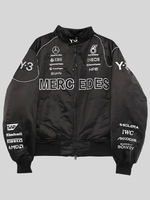 Y3 X Amg X Mercedes-AMG Jacket Jacket unisex front product view | Dash Racegear — Men’s Y-3 x AMG x Mercedes-AMG Petronas F1 logo-detail bomber jacket with sleek racing style.
