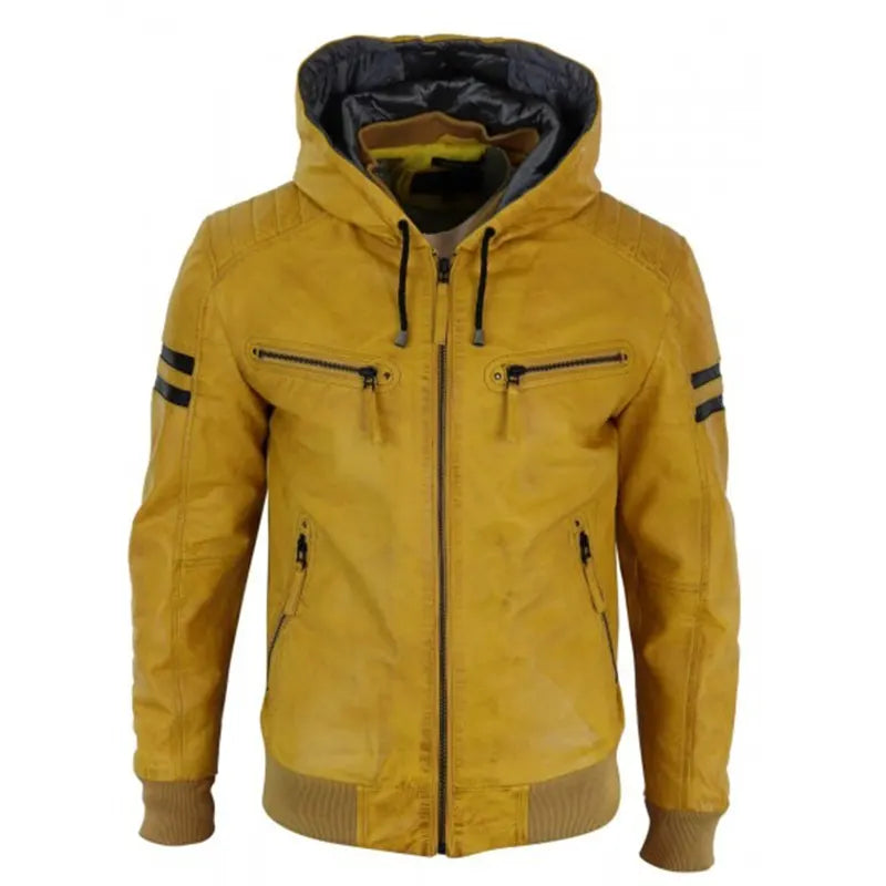 Mens Hooded Yellow Leather Bomber Jacket Bomber Jacket men front product view | Dash Racegear — Hooded Leather Bomber Jacket