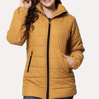 Womens Yellow Puffer Jacket Puffer Jacket women front product view | Dash Racegear — Yellow Hooded Puffer Jacket