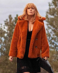 Yellowstone Beth Dutton Fur Coat Coat unisex front product view | Dash Racegear — Kelly Reilly Orange Yellowstone Beth Dutton Fur Coat