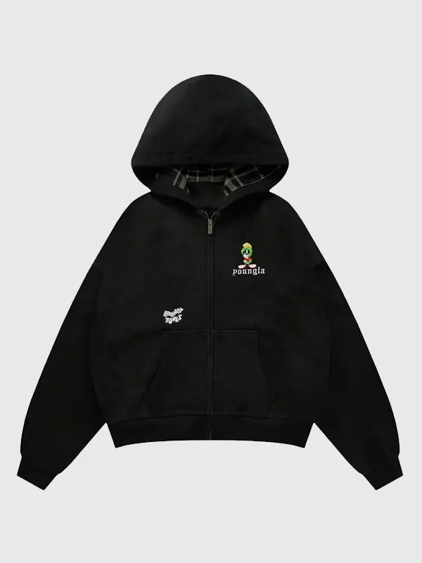 YoungLA x Looney Tunes Plaid Zip-Up Hoodie Hoodie unisex front product view | Dash Racegear — YoungLA x Looney Tunes Zip-Up Plaid Hoodie with a relaxed fit and playful streetwear-inspired design.