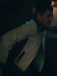 Avengers Doomsday Reed Richards Bomber Jacket Bomber Jacket unisex detail view 2 | Dash Racegear — Pedro Pascal Reed Richards Avengers: Doomsday 2026 Mister Fantastic Bomber Jacket in White & Blue with ribbed cuffs