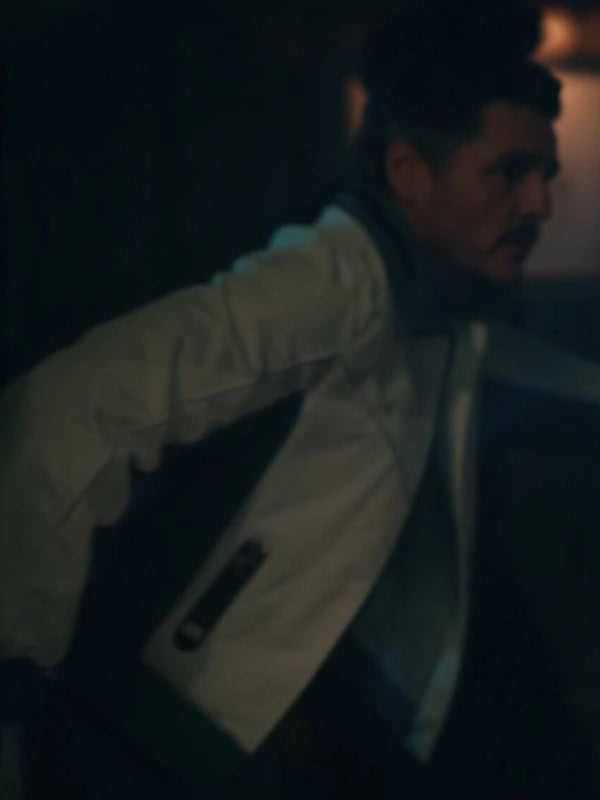 Avengers Doomsday Reed Richards Bomber Jacket Bomber Jacket unisex detail view 2 | Dash Racegear — Pedro Pascal Reed Richards Avengers: Doomsday 2026 Mister Fantastic Bomber Jacket in White & Blue with ribbed cuffs