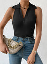 Summer V - Neck Ribbed Knit Crop Top - Sleeveless Turndown Collar in 10 Colors - Black - 42275247784005