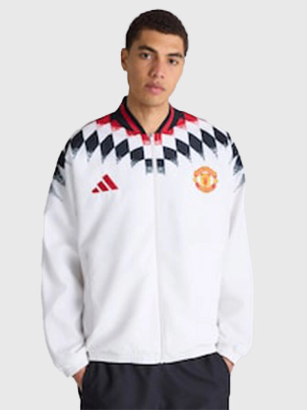 Manchester United x adidas Stadium Track Jacket Jacket unisex front product view | Dash Racegear — Manchester United x adidas 2026 Stadium White Track Jacket for men and women with modern athletic style