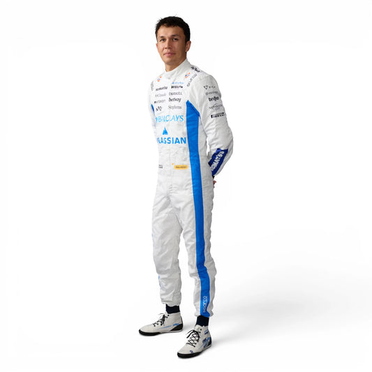Alexander Albon 2026 Williams F1 Inspired Race Suit in Williams Blue, Front view showing printed sponsor logos, by DASH RACEGEAR
