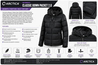 Arctica Women’s Classic Down Packet 2.0 black insulated ski jacket product infographic showing front and back views, packet pocket, helmet-compatible hood, zippered pockets, adjustable cuffs and hem, and key technical features.