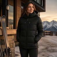 Woman wearing the black Arctica Classic Down Packet 2.0 beside skis at an alpine lodge
